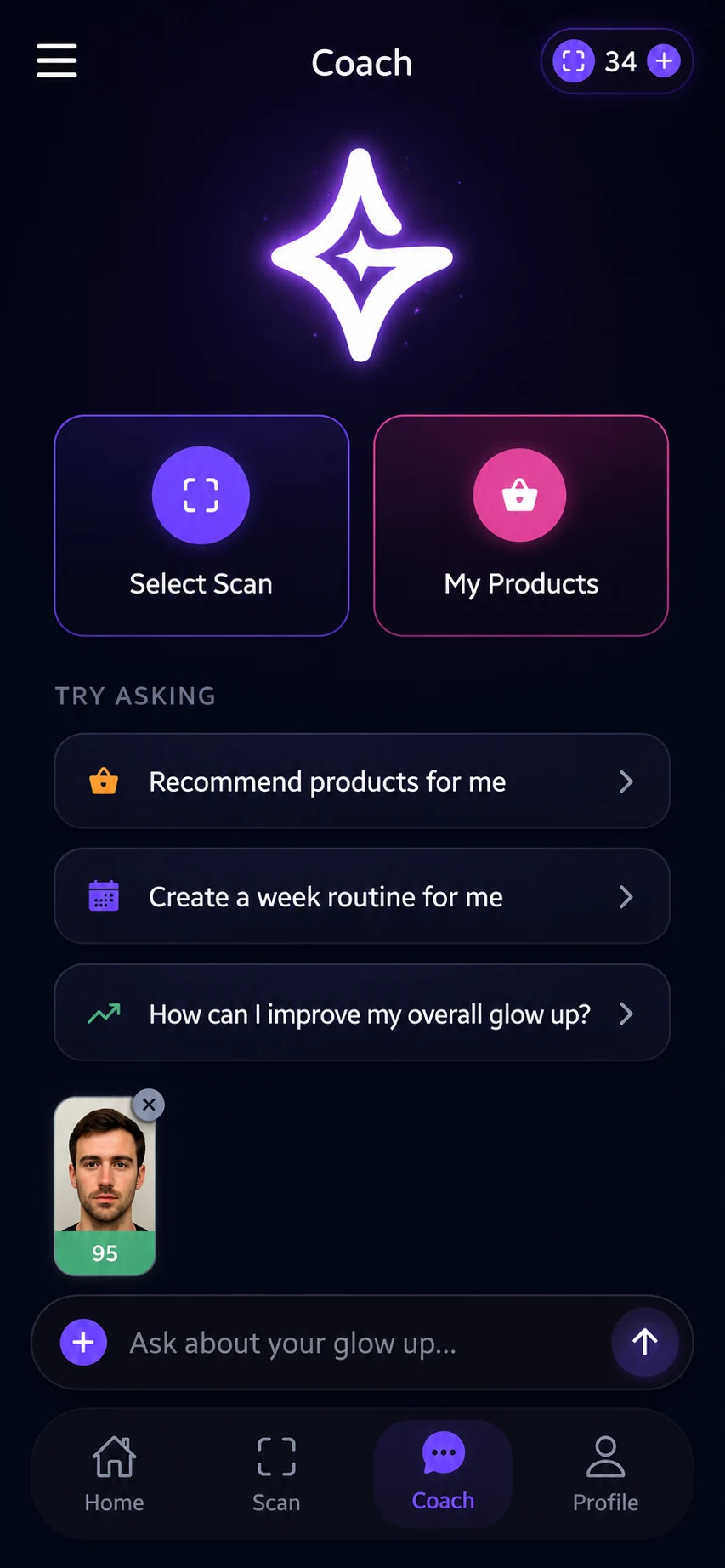 GlowAI Coach screen with sparkle logo, suggested prompts, and the user's scan thumbnail